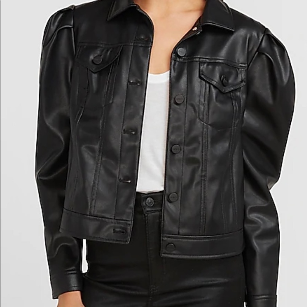 Vegan Leather Puff Sleeve Trucker Jacket